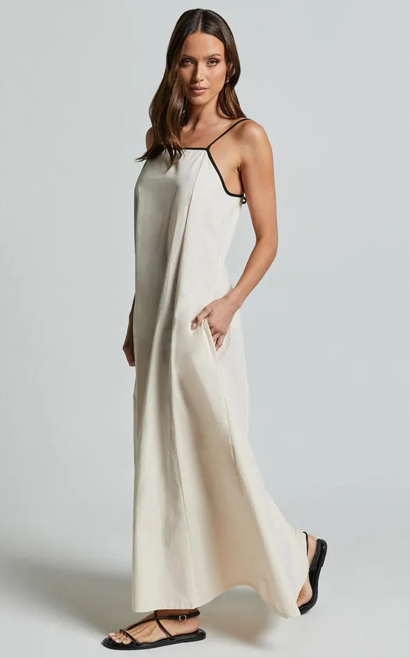 Showpo Angelina Midi Dress 8211 Straight Neck Sleeveless A Line Dress In Natural Women Dresses