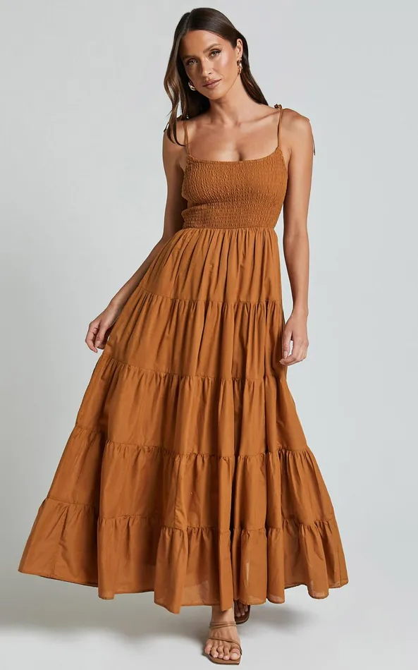 Showpo Angie Maxi Dress 8211 Tie Strap Ruched Tiered Dress In Chocolate Women Dresses Showpo Angie Maxi Dress 8211 Tie Strap Ruched Tiered Dress In Chocolate Women Dresses