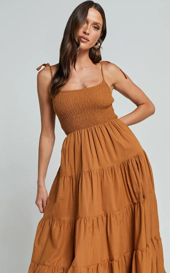 Showpo Angie Maxi Dress 8211 Tie Strap Ruched Tiered Dress In Chocolate Women Dresses