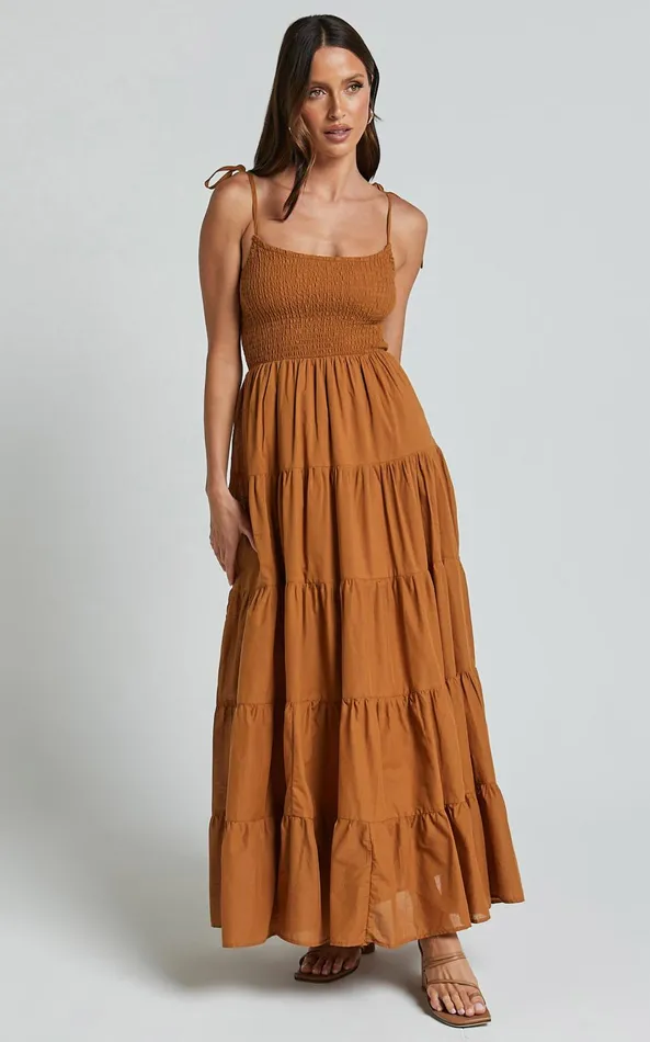 Showpo Angie Maxi Dress 8211 Tie Strap Ruched Tiered Dress In Chocolate Women Dresses