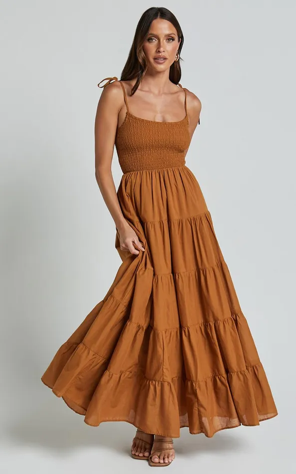 Showpo Angie Maxi Dress 8211 Tie Strap Ruched Tiered Dress In Chocolate Women Dresses