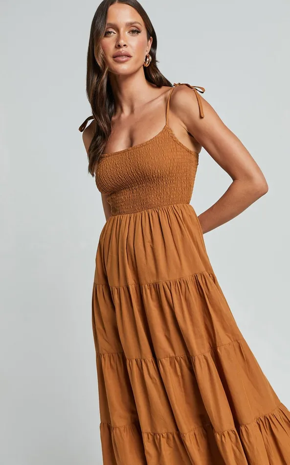 Showpo Angie Maxi Dress 8211 Tie Strap Ruched Tiered Dress In Chocolate Women Dresses