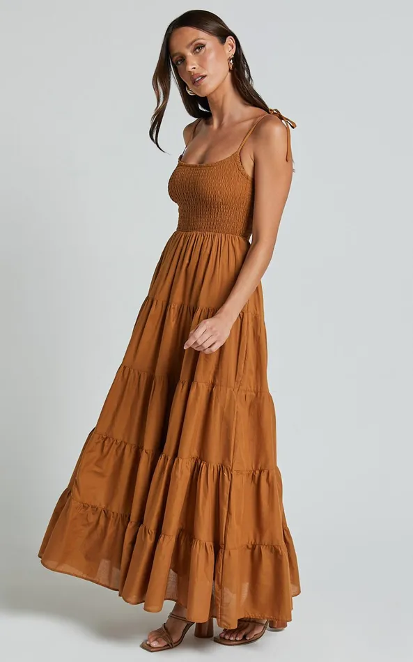 Showpo Angie Maxi Dress 8211 Tie Strap Ruched Tiered Dress In Chocolate Women Dresses