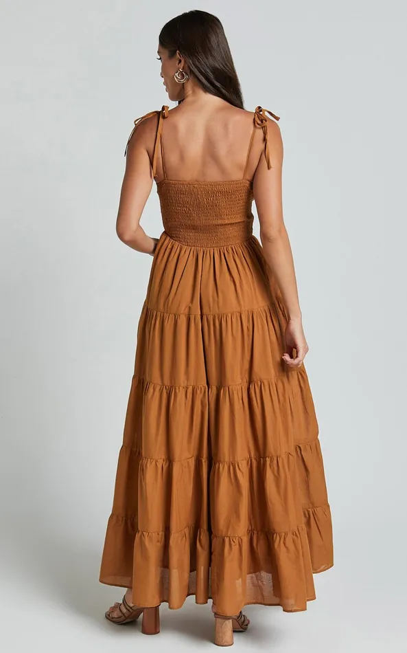 Showpo Angie Maxi Dress 8211 Tie Strap Ruched Tiered Dress In Chocolate Women Dresses