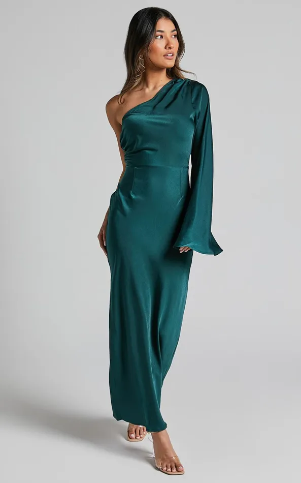 Showpo Angieta Maxi Dress 8211 One Shoulder Long Sleeve Slip Dress In Emerald Green Women Dresses