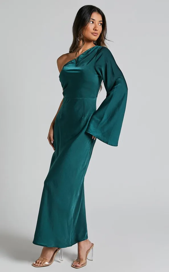 Showpo Angieta Maxi Dress 8211 One Shoulder Long Sleeve Slip Dress In Emerald Green Women Dresses