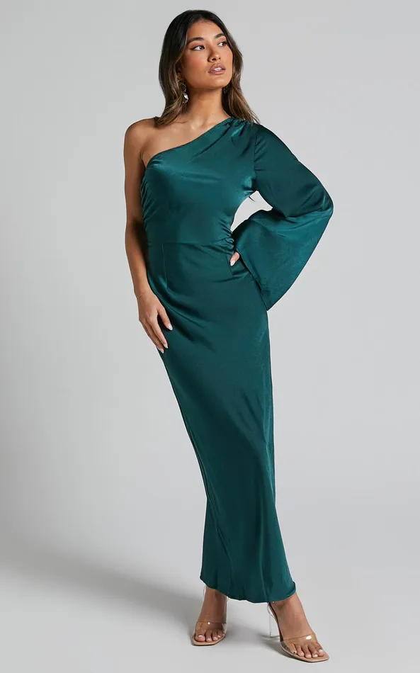 Showpo Angieta Maxi Dress 8211 One Shoulder Long Sleeve Slip Dress In Emerald Green Women Dresses