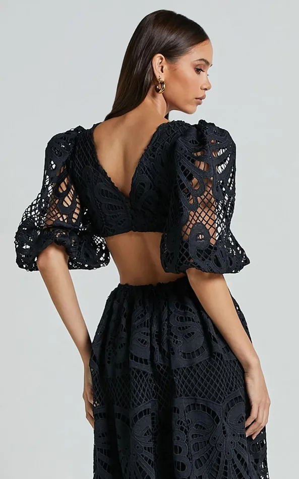 Showpo Anieshaya Midi Dress 8211 V Neck Cut Out Lace Dress In Black Women Dresses