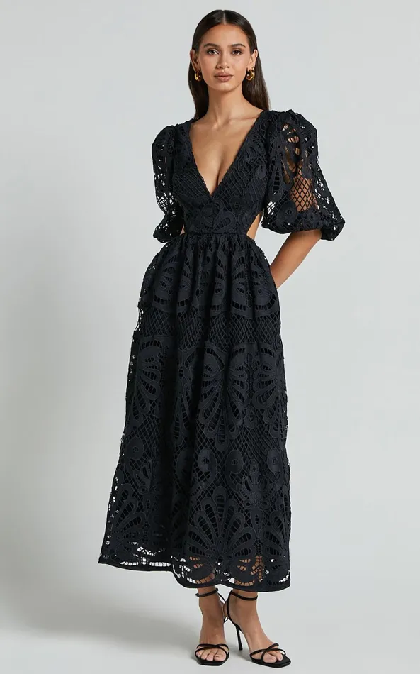 Showpo Anieshaya Midi Dress 8211 V Neck Cut Out Lace Dress In Black Women Dresses