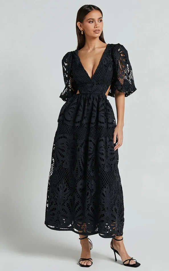 Showpo Anieshaya Midi Dress 8211 V Neck Cut Out Lace Dress In Black Women Dresses