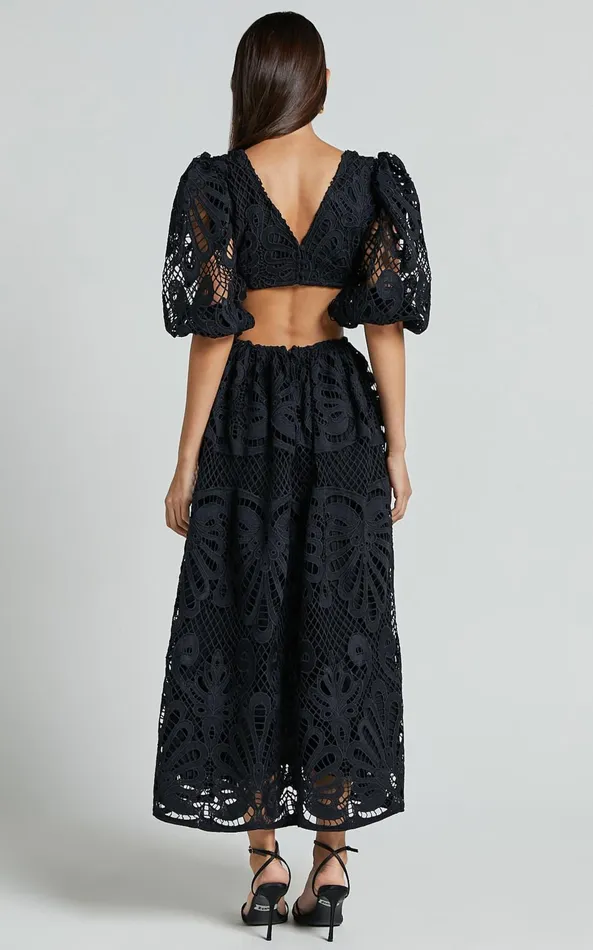 Showpo Anieshaya Midi Dress 8211 V Neck Cut Out Lace Dress In Black Women Dresses