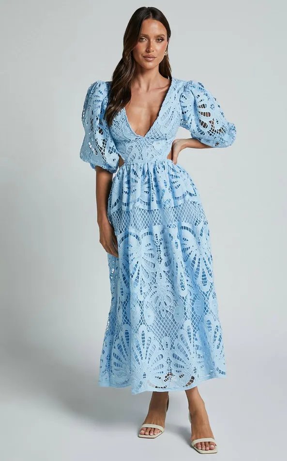 Showpo Anieshaya Midi Dress 8211 V Neck Cut Out Lace Dress In Soft Blue Women Dresses Showpo Anieshaya Midi Dress 8211 V Neck Cut Out Lace Dress In Soft Blue Women Dresses