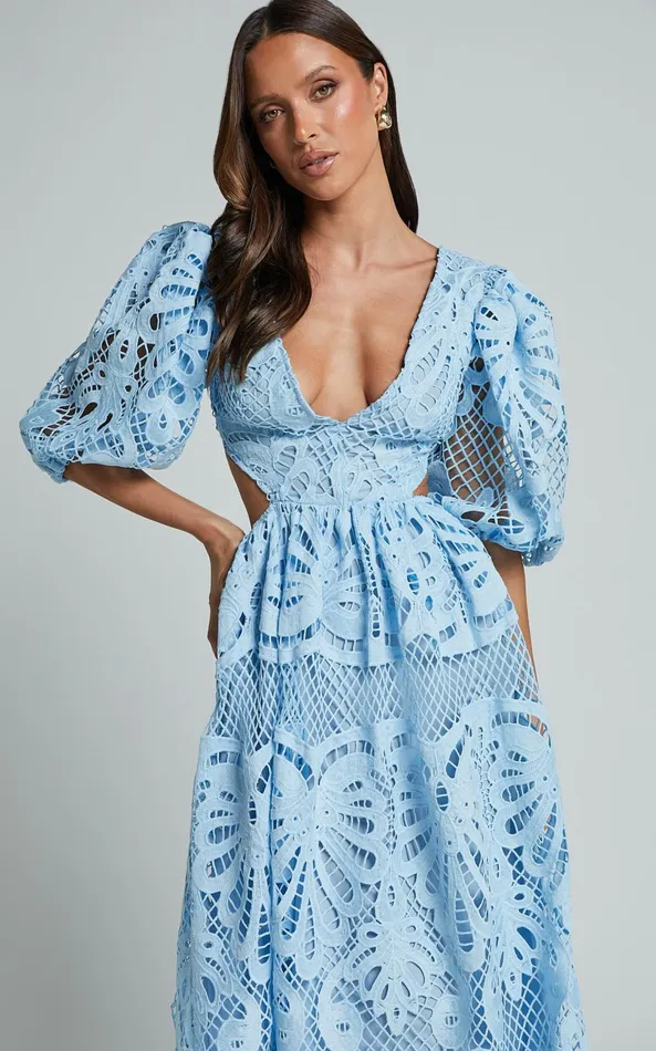 Showpo Anieshaya Midi Dress 8211 V Neck Cut Out Lace Dress In Soft Blue Women Dresses