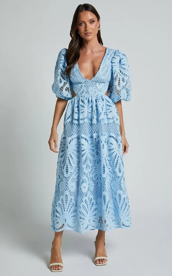 Showpo Anieshaya Midi Dress 8211 V Neck Cut Out Lace Dress In Soft Blue Women Dresses
