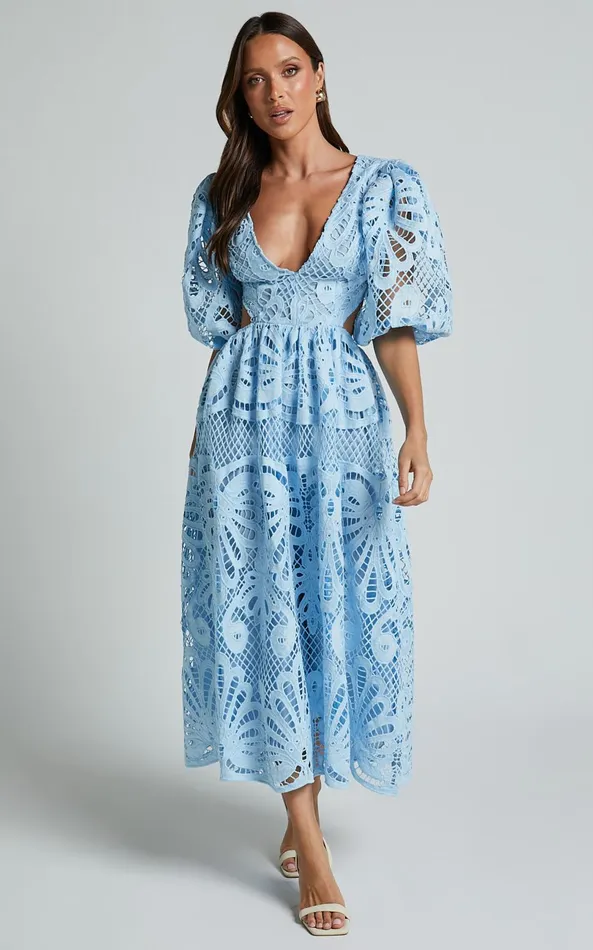 Showpo Anieshaya Midi Dress 8211 V Neck Cut Out Lace Dress In Soft Blue Women Dresses