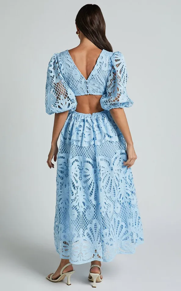 Showpo Anieshaya Midi Dress 8211 V Neck Cut Out Lace Dress In Soft Blue Women Dresses