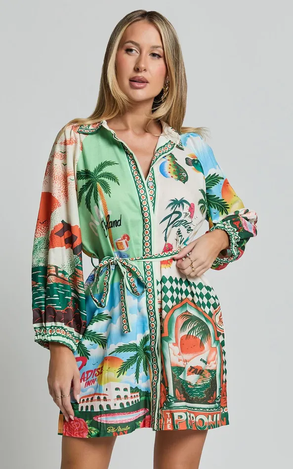 Showpo Anika Mini Dress 8211 V Neck Puff Sleeve Belted Shirt Dress In Paradise Print Women Dresses Showpo Anika Mini Dress 8211 V Neck Puff Sleeve Belted Shirt Dress In Paradise Print Women Dresses