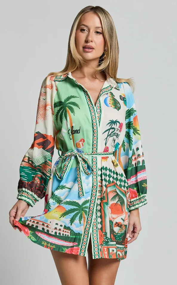 Showpo Anika Mini Dress 8211 V Neck Puff Sleeve Belted Shirt Dress In Paradise Print Women Dresses