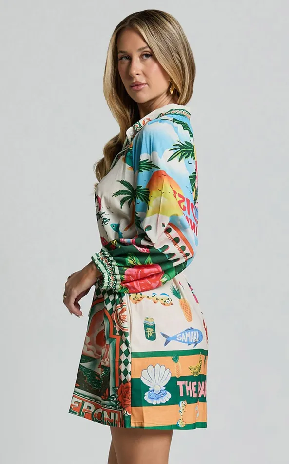 Showpo Anika Mini Dress 8211 V Neck Puff Sleeve Belted Shirt Dress In Paradise Print Women Dresses