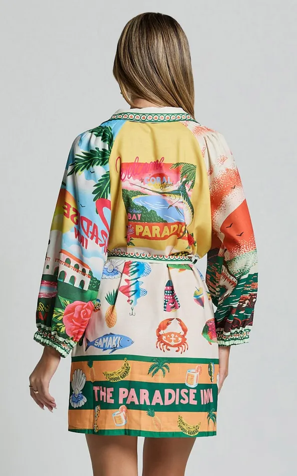 Showpo Anika Mini Dress 8211 V Neck Puff Sleeve Belted Shirt Dress In Paradise Print Women Dresses