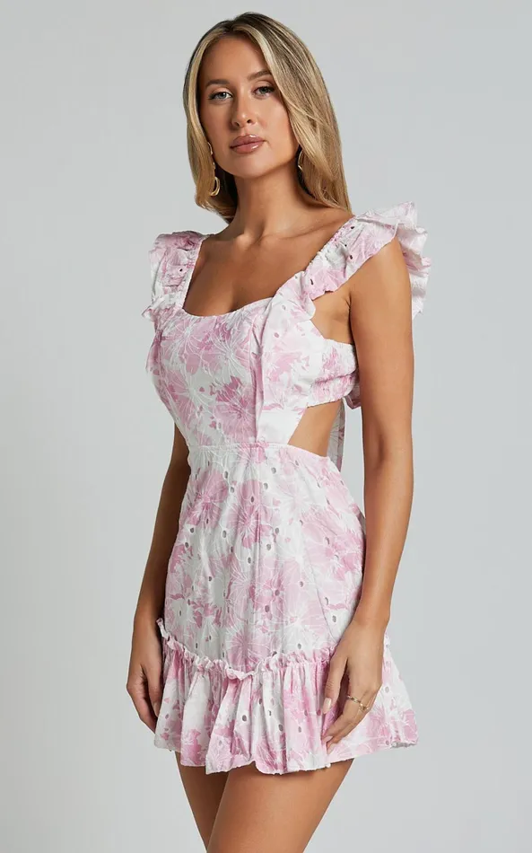 Showpo Anisha Mini Dress 8211 Flutter Sleeve Straight Neck With Tie Back Dress In Pink And White Floral Print Women Dresses