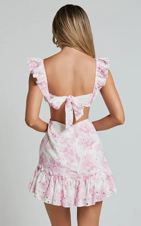 Showpo Anisha Mini Dress 8211 Flutter Sleeve Straight Neck With Tie Back Dress In Pink And White Floral Print Women Dresses