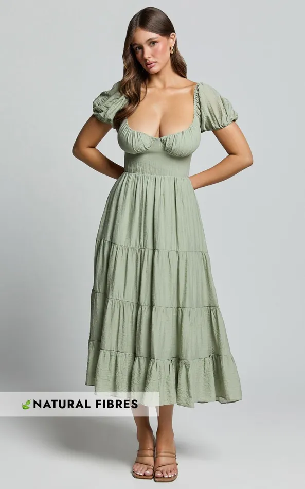 Showpo Anita Midi Dress 8211 Puff Sleeve Tiered Dress In Sage Women Dresses