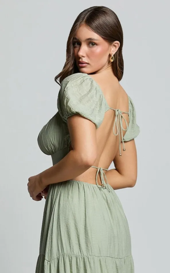 Showpo Anita Midi Dress 8211 Puff Sleeve Tiered Dress In Sage Women Dresses
