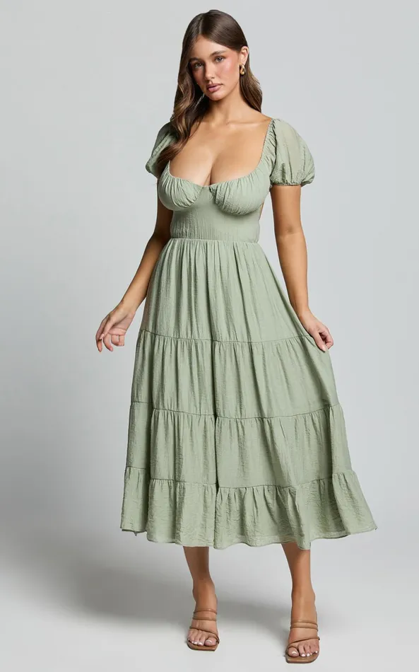 Showpo Anita Midi Dress 8211 Puff Sleeve Tiered Dress In Sage Women Dresses