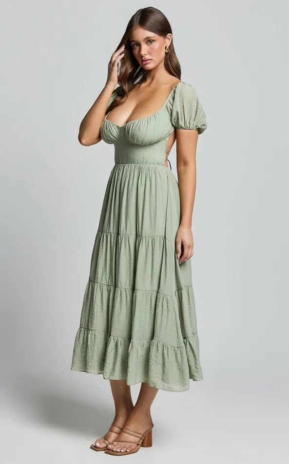 Showpo Anita Midi Dress 8211 Puff Sleeve Tiered Dress In Sage Women Dresses