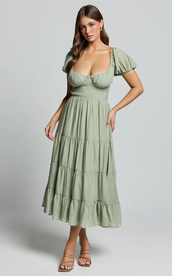 Showpo Anita Midi Dress 8211 Puff Sleeve Tiered Dress In Sage Women Dresses