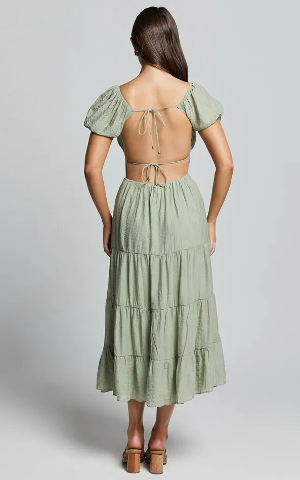 Showpo Anita Midi Dress 8211 Puff Sleeve Tiered Dress In Sage Women Dresses