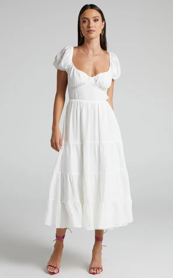 Showpo Anita Midi Dress 8211 Puff Sleeve Tiered Dress In White Women Dresses