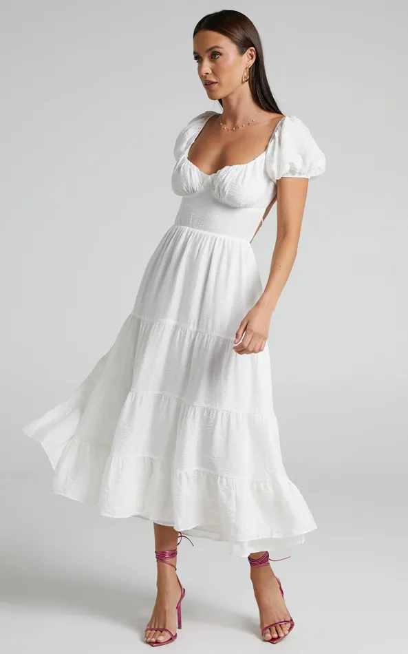 Showpo Anita Midi Dress 8211 Puff Sleeve Tiered Dress In White Women Dresses