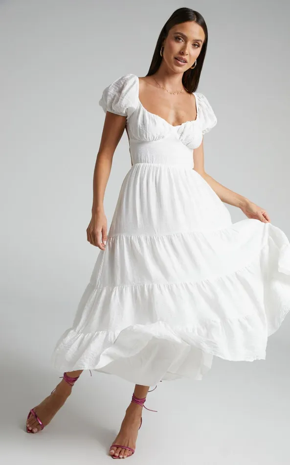 Showpo Anita Midi Dress 8211 Puff Sleeve Tiered Dress In White Women Dresses