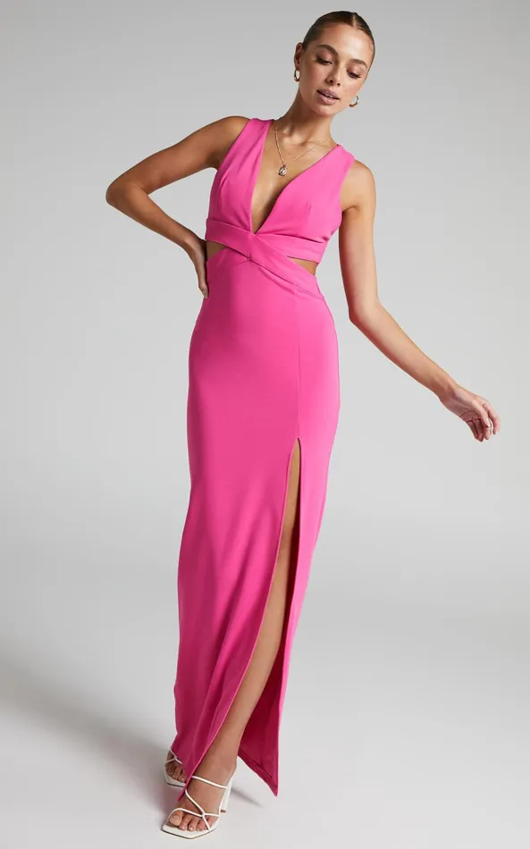 Showpo Anjie Midi Dress 8211 Plunge Neck Cross Back Cut Out Dress In Fuchsia Women Dresses