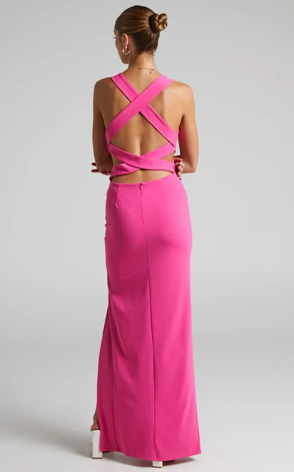 Showpo Anjie Midi Dress 8211 Plunge Neck Cross Back Cut Out Dress In Fuchsia Women Dresses