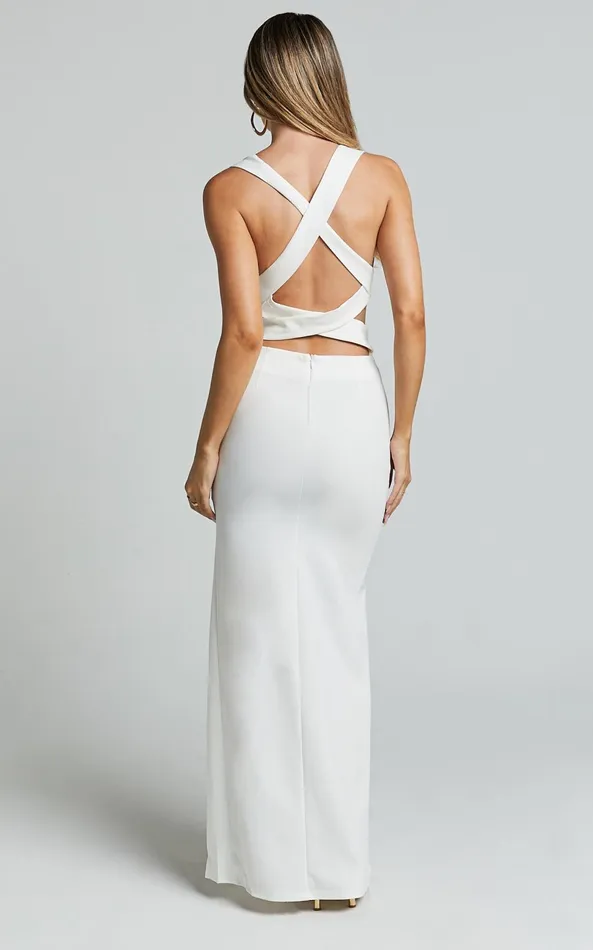 Showpo Anjie Midi Dress 8211 Plunge Neck Cross Back Cut Out Dress In White Women Dresses