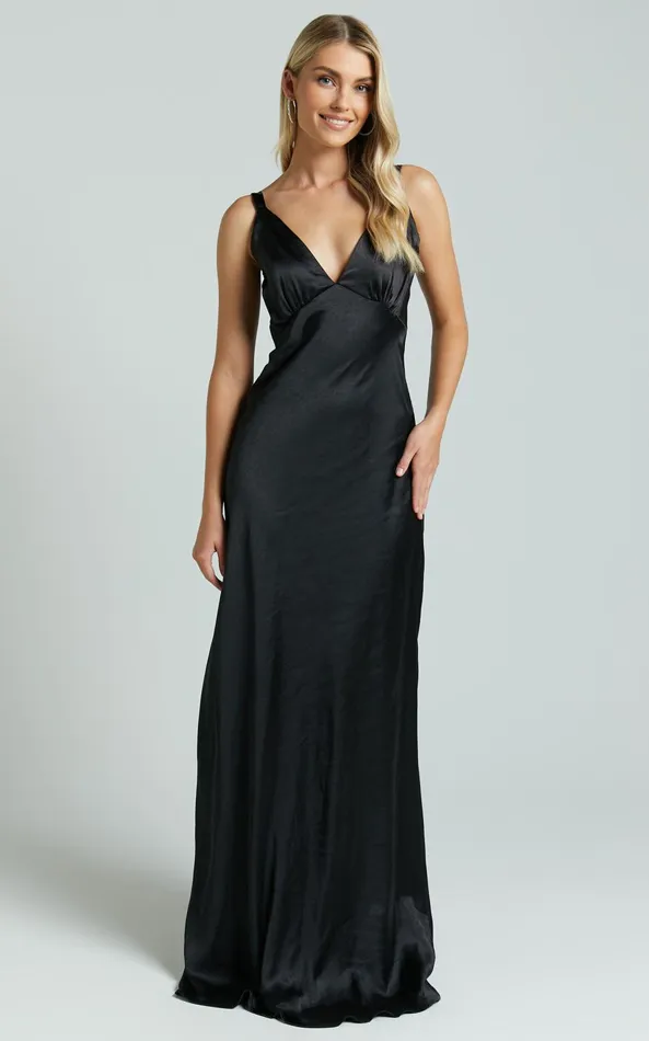 Showpo Anjorie Maxi Dress 8211 Plunge Neck Wide Strap Sleeveless Slip In Black Women Dresses