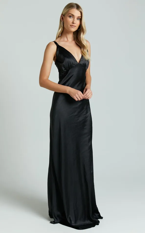 Showpo Anjorie Maxi Dress 8211 Plunge Neck Wide Strap Sleeveless Slip In Black Women Dresses