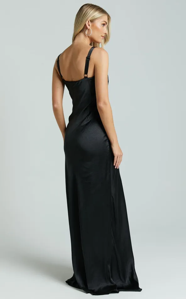 Showpo Anjorie Maxi Dress 8211 Plunge Neck Wide Strap Sleeveless Slip In Black Women Dresses