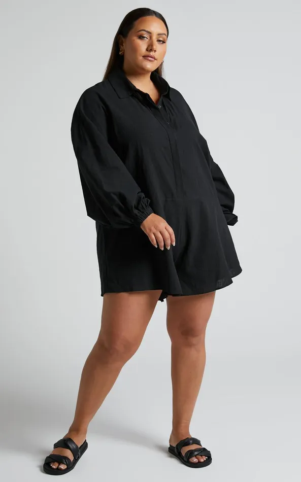 Showpo Anka Playsuit 8211 Relaxed Button Front Shirt Playsuit In Black Women Curve Clothes