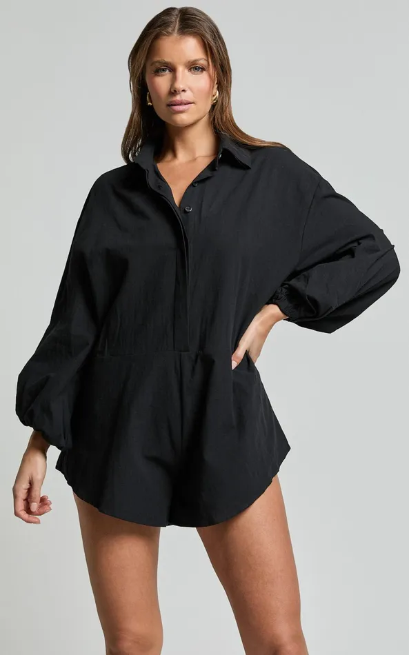 Showpo Anka Playsuit 8211 Relaxed Button Front Shirt Playsuit In Black Women Curve Clothes