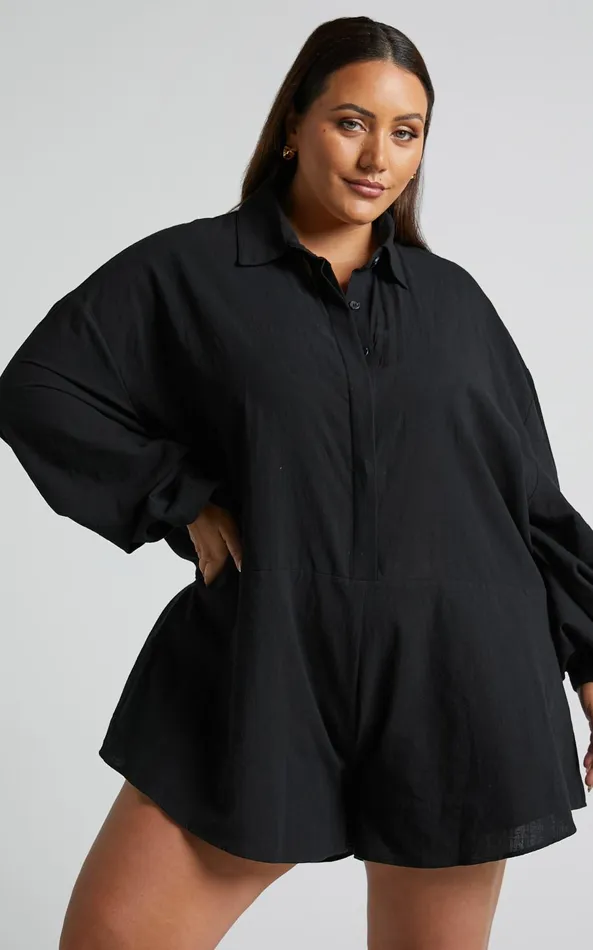 Showpo Anka Playsuit 8211 Relaxed Button Front Shirt Playsuit In Black Women Curve Clothes