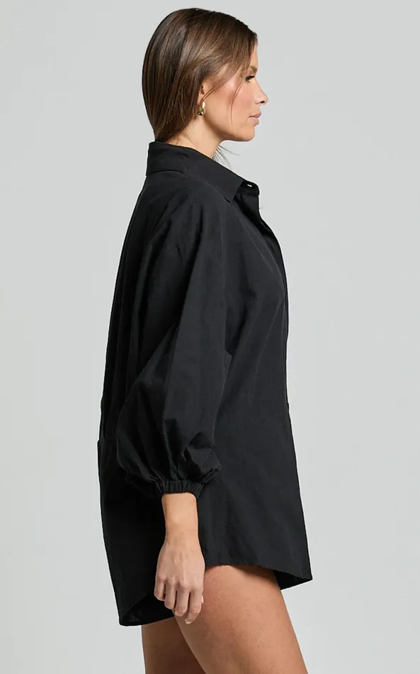 Showpo Anka Playsuit 8211 Relaxed Button Front Shirt Playsuit In Black Women Curve Clothes