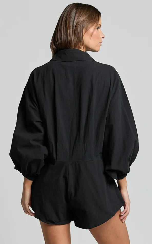 Showpo Anka Playsuit 8211 Relaxed Button Front Shirt Playsuit In Black Women Curve Clothes