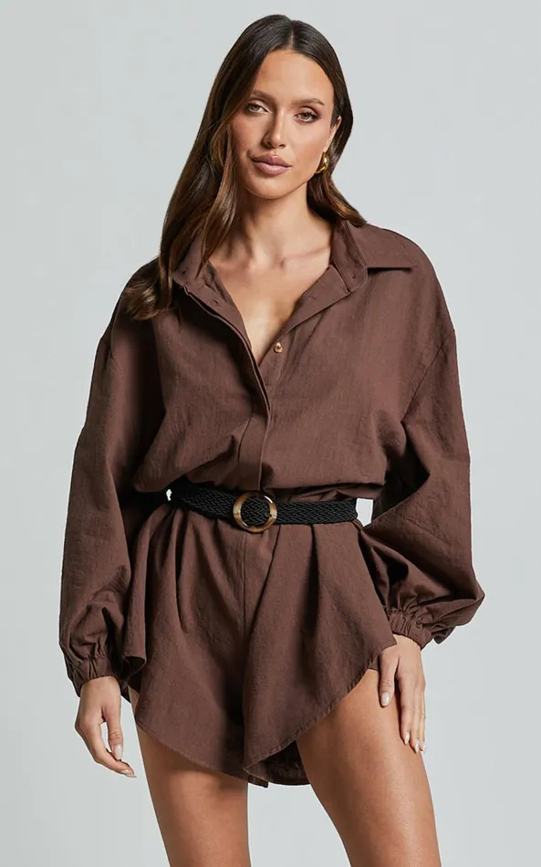 Showpo Anka Playsuit 8211 Relaxed Button Front Shirt Playsuit In Chocolate Women Curve Clothes Showpo Anka Playsuit 8211 Relaxed Button Front Shirt Playsuit In Chocolate Women Curve Clothes