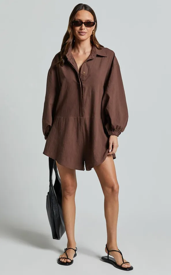 Showpo Anka Playsuit 8211 Relaxed Button Front Shirt Playsuit In Chocolate Women Curve Clothes
