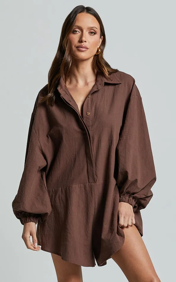 Showpo Anka Playsuit 8211 Relaxed Button Front Shirt Playsuit In Chocolate Women Curve Clothes