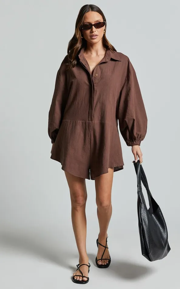 Showpo Anka Playsuit 8211 Relaxed Button Front Shirt Playsuit In Chocolate Women Curve Clothes